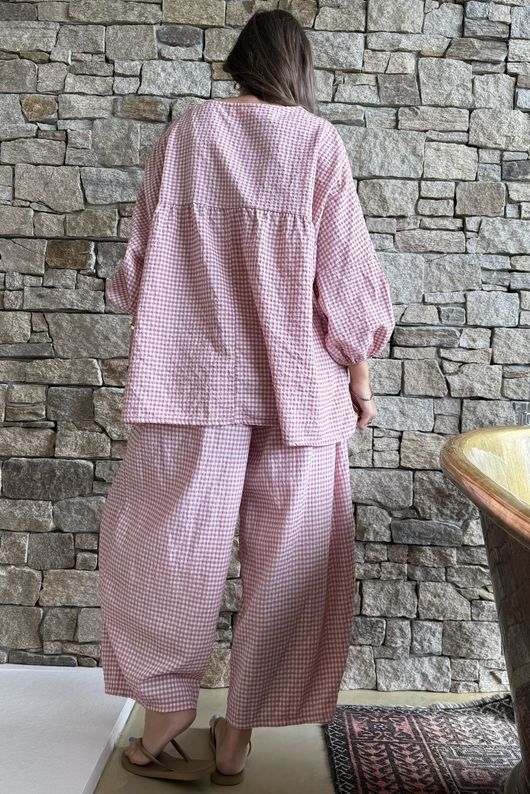 Arbi Gingham Peasant Smock Blouse Indian Pink